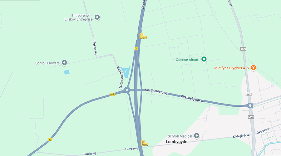 Kort over motorvejsafkørslerne på Rute 9 ved Årslev syd for Odense. Kort: Google Maps